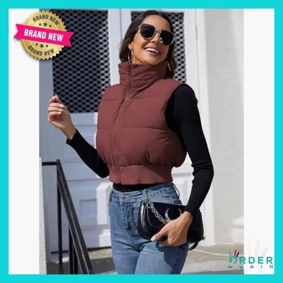 Cropped Puffer Vest Lightweight Quilted Sleeveless Jacket Chic Winter Outerwear - Picture 4 of 7